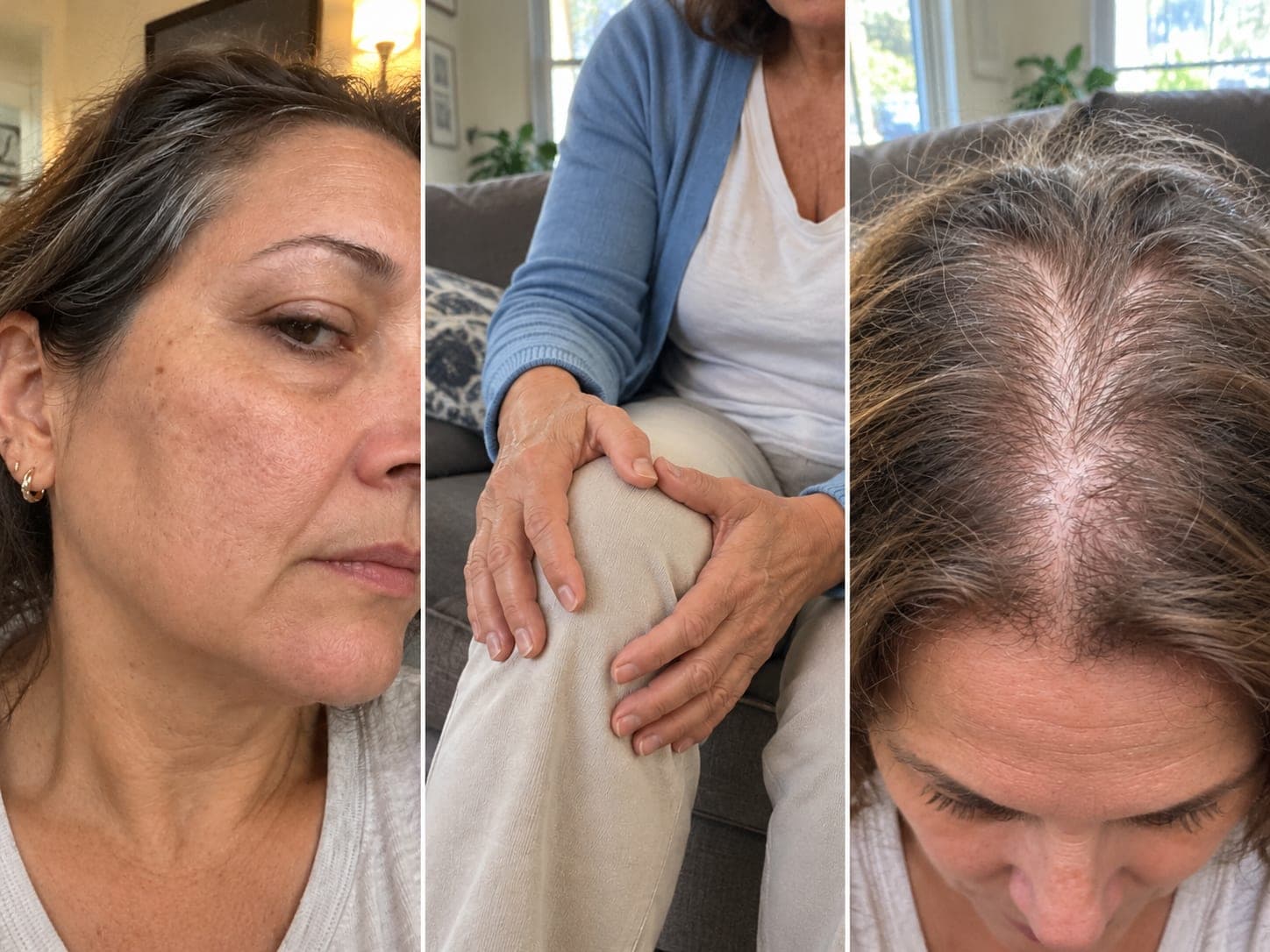 Three close-ups at home: skin on the face, hands on a knee, and thinning hair at the parting
